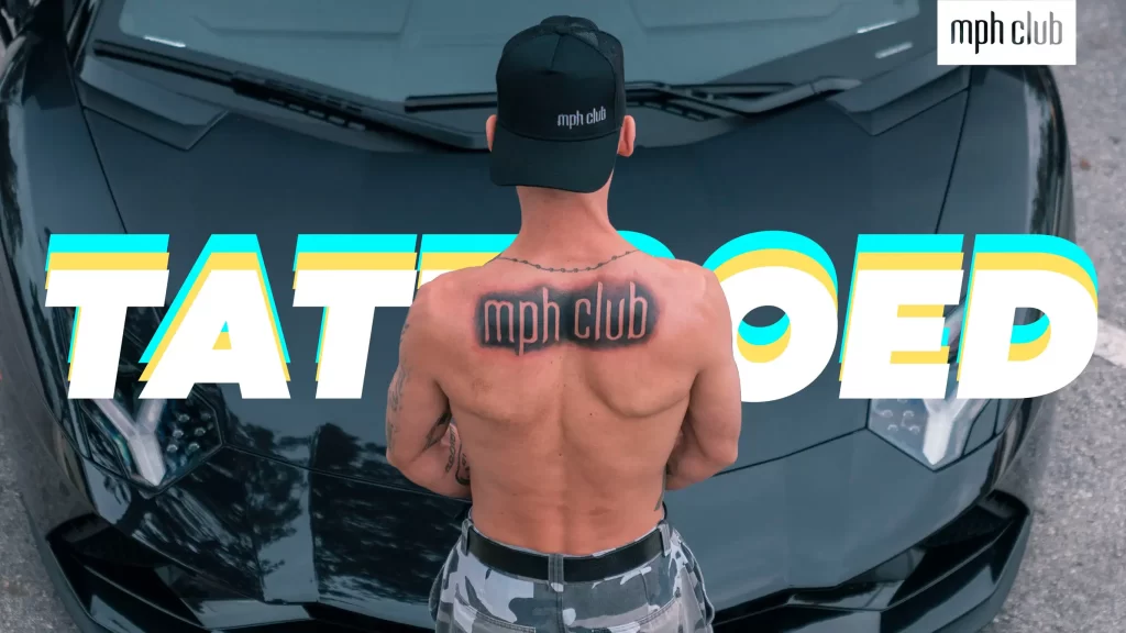 Josh Bader gets tattooed in a black Lamborghini Aventador rental from mph club exotic car rentals