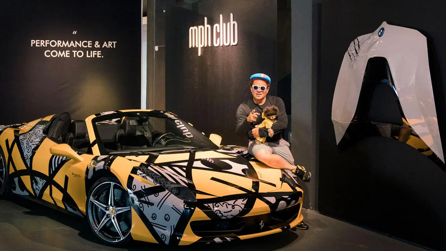 mph club custom wrapped ferrari 458 rental romero britto design
