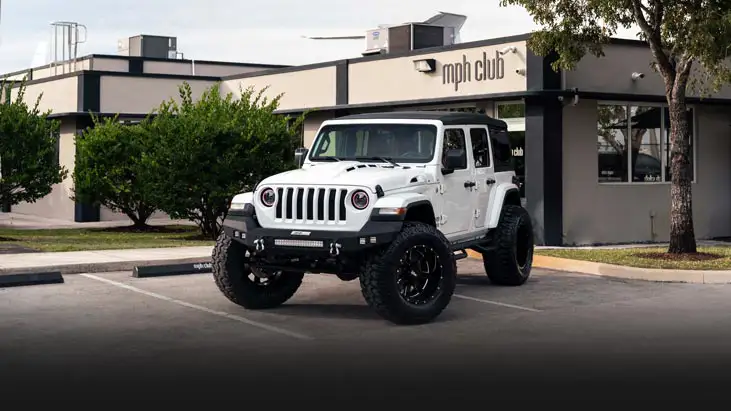White Jeep Wrangler rental profile view mph club