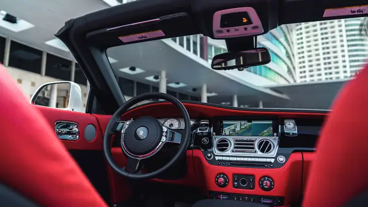White Rolls Royce Dawn rental interior view mph club