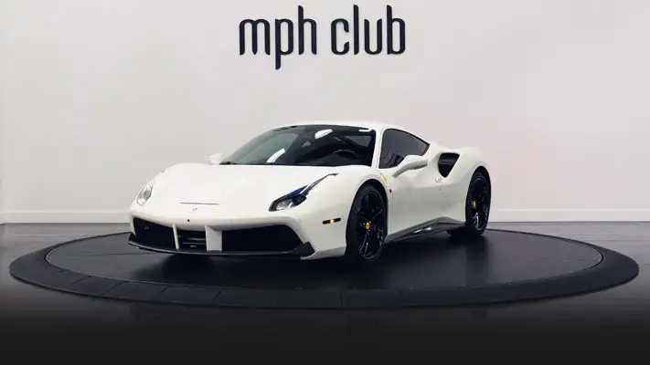 White Ferrari 488 GTB rental profile view rszd mph club