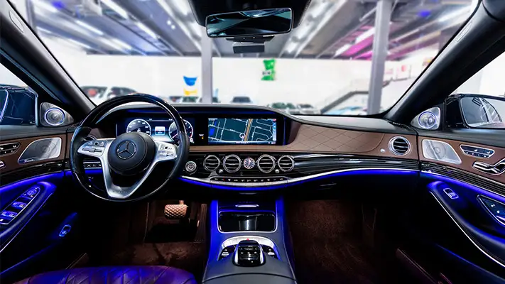 Black Mercedes Benz Maybach rental dashboard view mph club