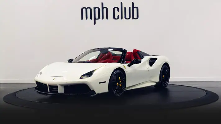 White on red Ferrari 488 Spider for rent profile view rszd mph club