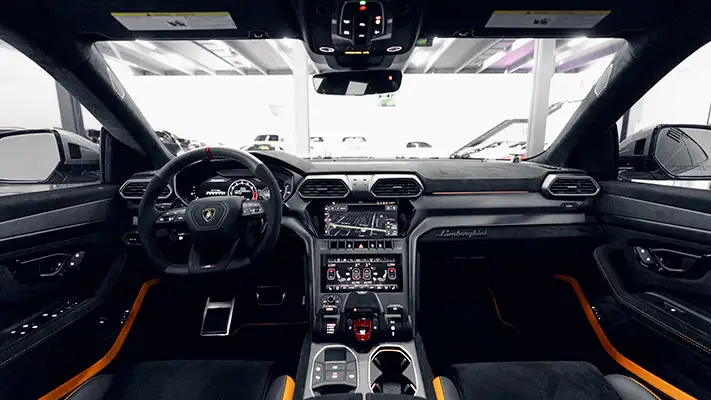 Grey Lamborghini Urus Performante rental dashboard view mph club