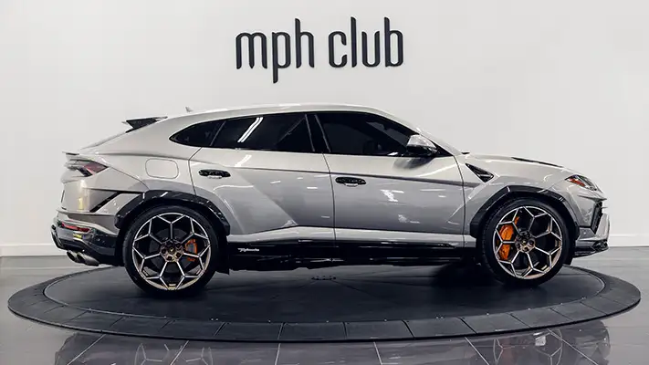 Grey Lamborghini Urus Performante rental side view mph club