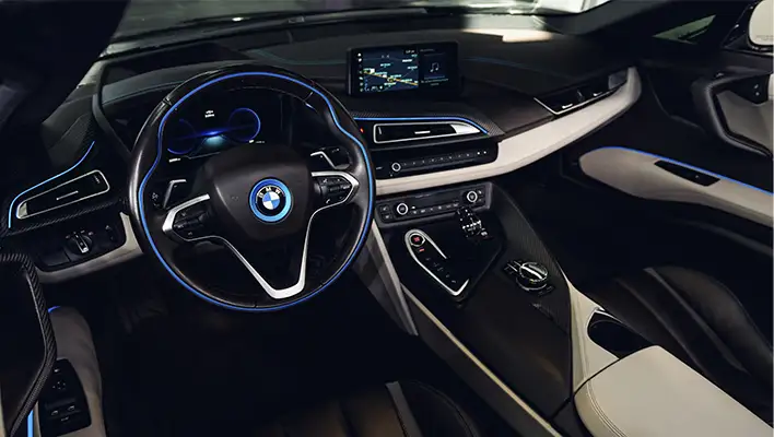 BMW I8 silver rental dashboard view - mph club