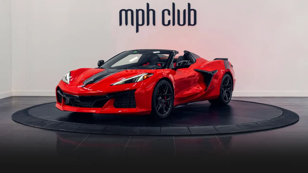 Red Chevrolet Corvette Z06R rental profile view - mph club
