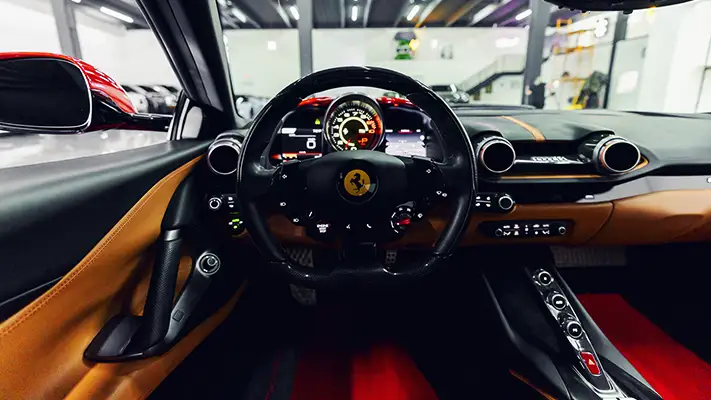 Red Ferrari 812 Superfast rental dashboard view - mph club