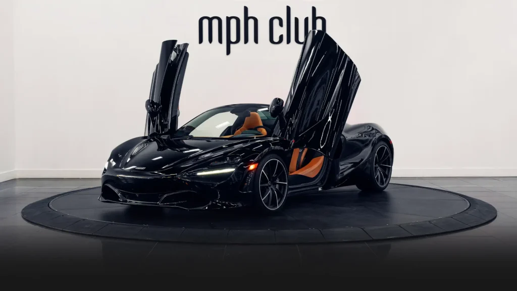 Black McLaren 720s Spider rental profile view - mph club